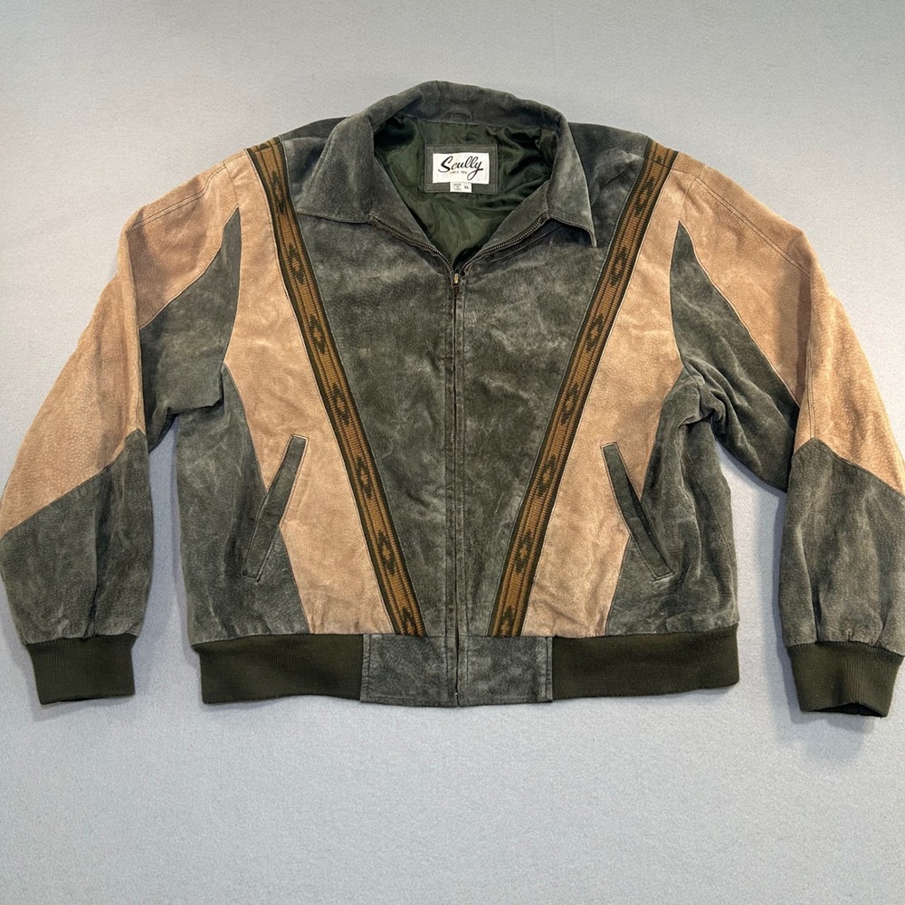 Vintage Scully Bomber Jacket Mens XL Green Tan Suede Leather Southwestern Tribal